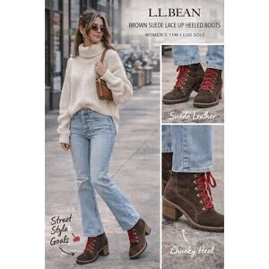 L.L.Bean Brown Suede Lace Up Heeled Boots Women’s 11M Lug Sole